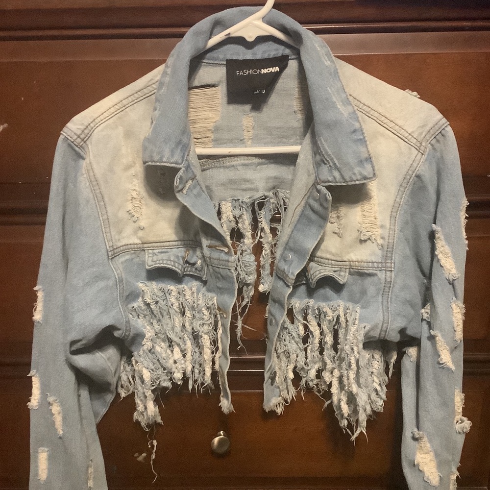 Fashion Nova Light Blue Distressed Jacket